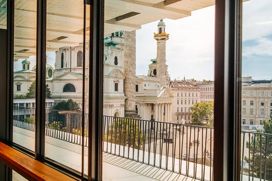 View of the Karlskirche (St. Charles Church) from the terrace of the Wien Museum